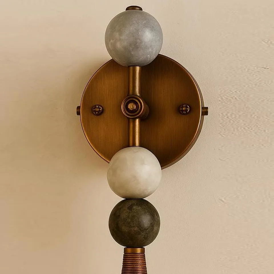 Stone Bead Wall Light – 18″ Stacked Alabaster Sconce | Jagmag Lights 3 Close-up of the grey stone, white alabaster and dark green stone beads on the brass spine