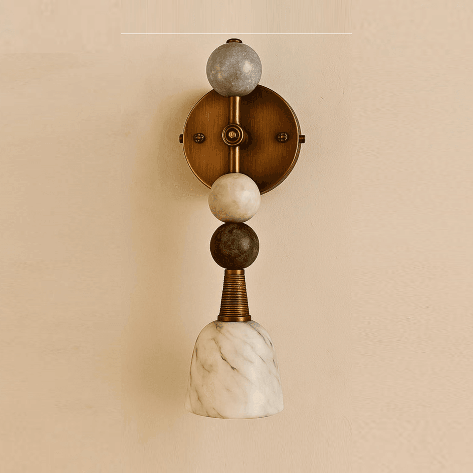 Stone bead wall light with grey, white and green stone beads above an alabaster bell shade