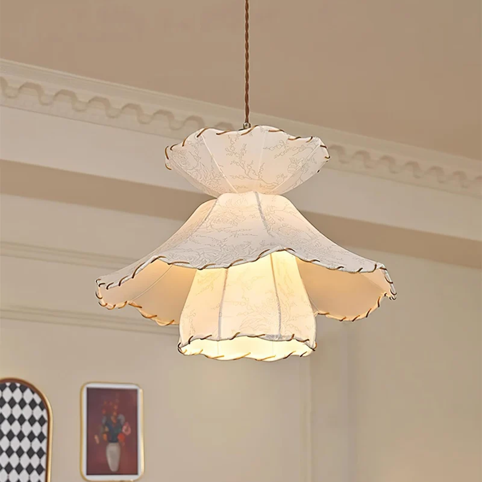 Tiered Fabric Pendant Light – Three Ruffled Layers with Whipstitched Edges, 50 cm | Jagmag Lights 3 Close-up of the ruffled tiers and hand-whipstitched edging on a tiered fabric pendant light - Jagmag Lights