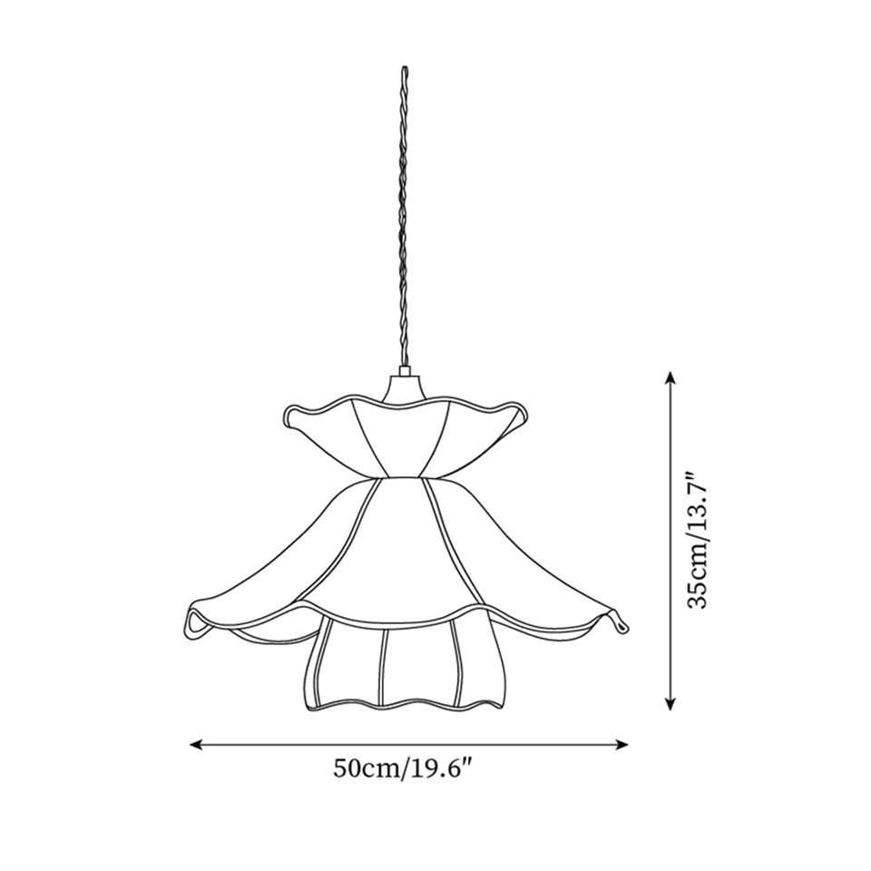 Tiered Fabric Pendant Light – Three Ruffled Layers with Whipstitched Edges, 50 cm | Jagmag Lights 7 Dimension drawing: 50 cm diameter and 35 cm height tiered fabric pendant light - Jagmag Lights