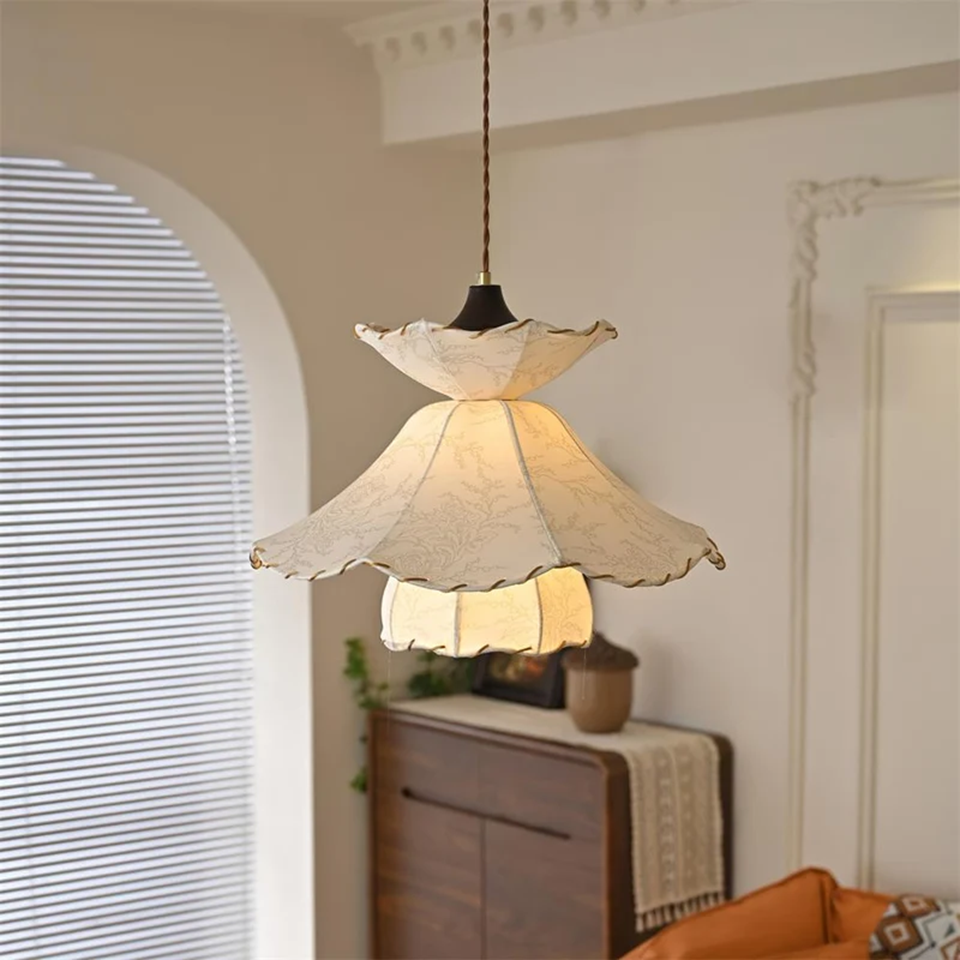 Tiered Fabric Pendant Light – Three Ruffled Layers with Whipstitched Edges, 50 cm | Jagmag Lights 5 Tiered fabric pendant light above a console in a bright entry - Jagmag Lights