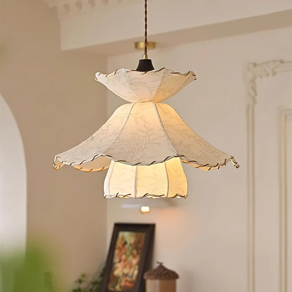 Tiered Fabric Pendant Light – Three Ruffled Layers with Whipstitched Edges, 50 cm | Jagmag Lights 4 Tiered fabric pendant light lit in a classic hallway with cornice detailing - Jagmag Lights