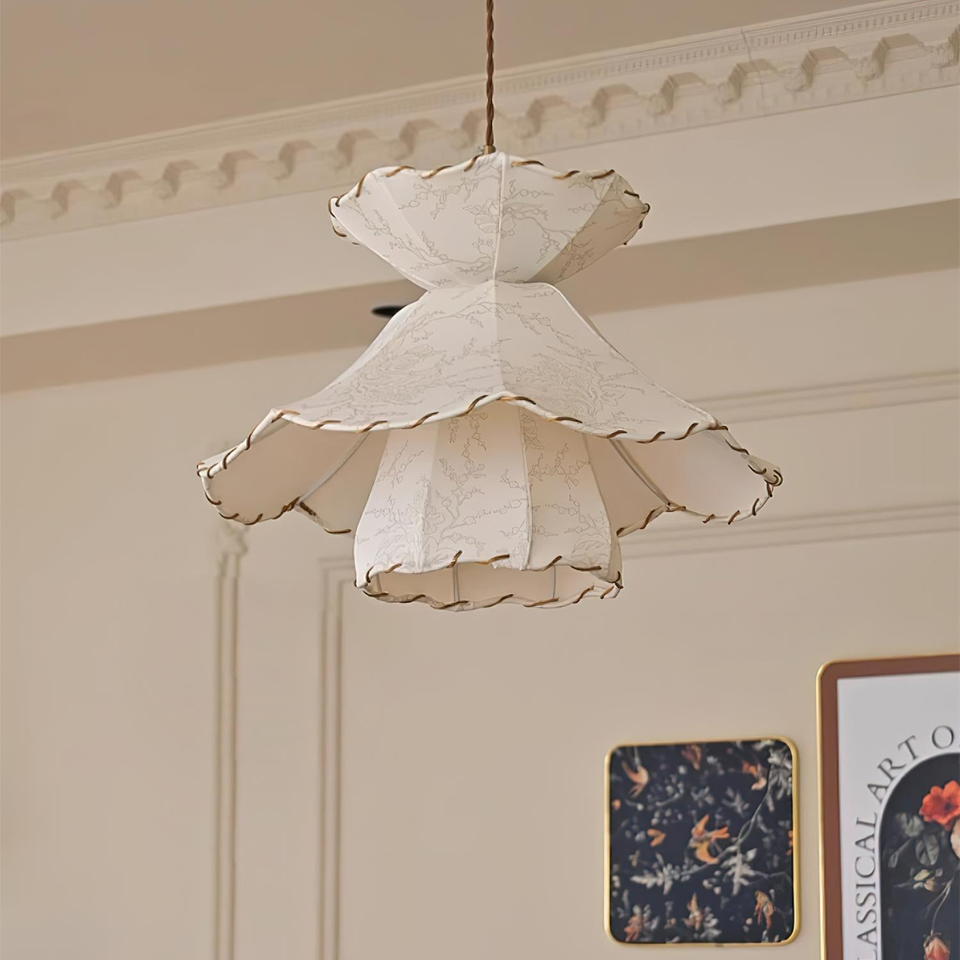 Tiered Fabric Pendant Light – Three Ruffled Layers with Whipstitched Edges, 50 cm | Jagmag Lights 2 Tiered fabric pendant light lit, glowing warm through the printed botanical fabric - Jagmag Lights