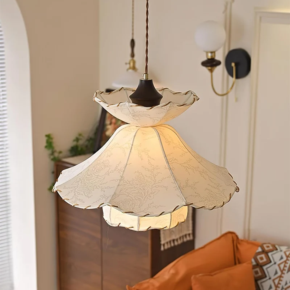 Tiered Fabric Pendant Light – Three Ruffled Layers with Whipstitched Edges, 50 cm | Jagmag Lights 6 Tiered fabric pendant light above a sideboard in a warm living room - Jagmag Lights