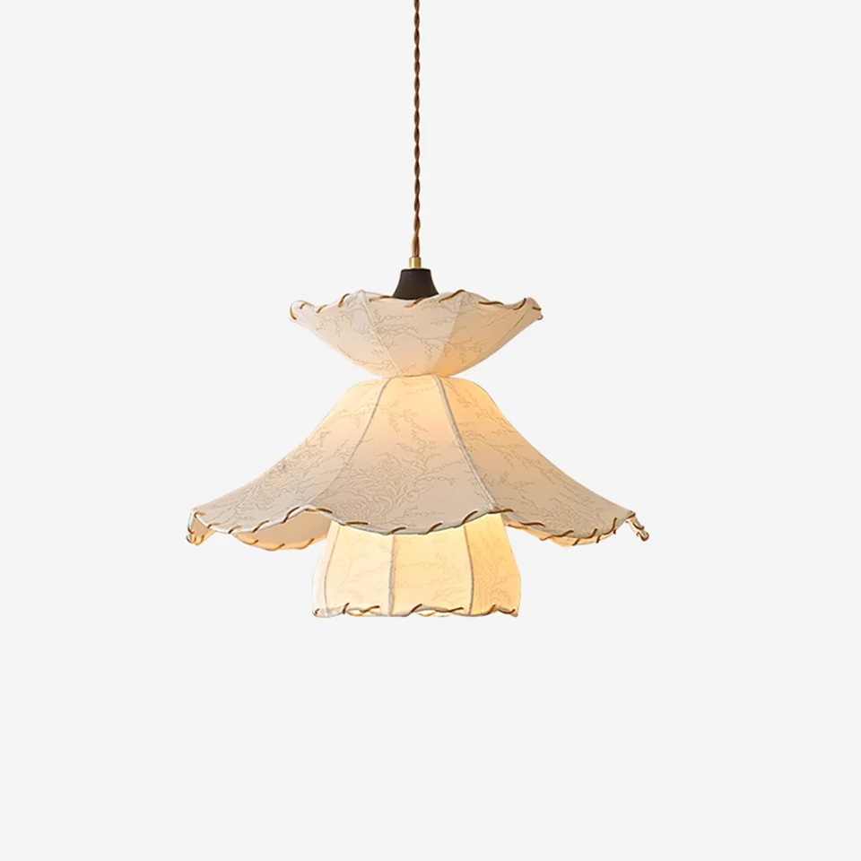 Tiered fabric pendant light with three ruffled layers and whipstitched scalloped edges - Jagmag Lights
