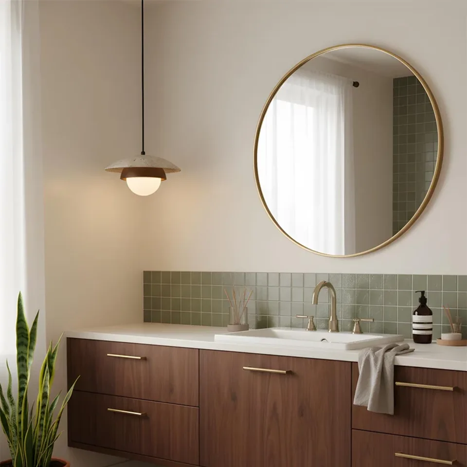 Travertine Saucer Pendant Light – Stone Disc, Rust Collar & Opal Globe, 25 cm | Jagmag Lights 9 Travertine saucer pendant light beside a round mirror above a vanity - Jagmag Lights