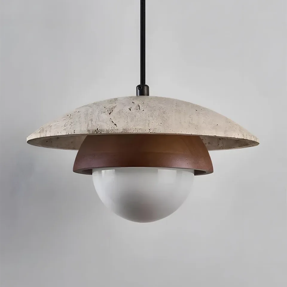 Travertine Saucer Pendant Light – Stone Disc, Rust Collar & Opal Globe, 25 cm | Jagmag Lights 4 Underside of a travertine saucer pendant light showing the rust collar and opal globe - Jagmag Lights