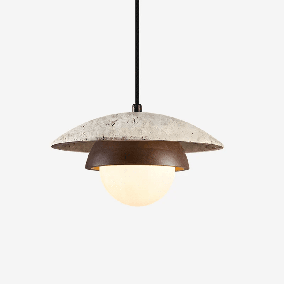 Travertine saucer pendant light with stone disc, rust collar and opal glass globe - Jagmag Lights