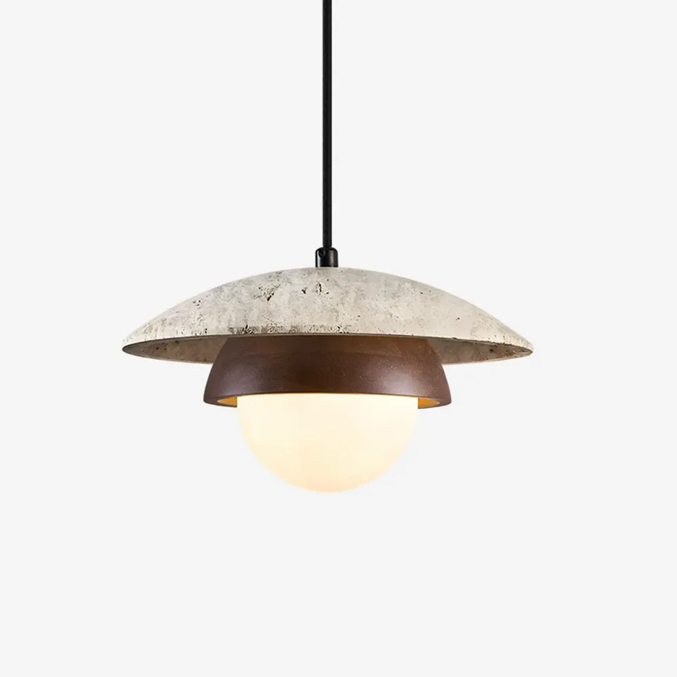 Travertine saucer pendant light with stone disc, rust collar and opal glass globe - Jagmag Lights