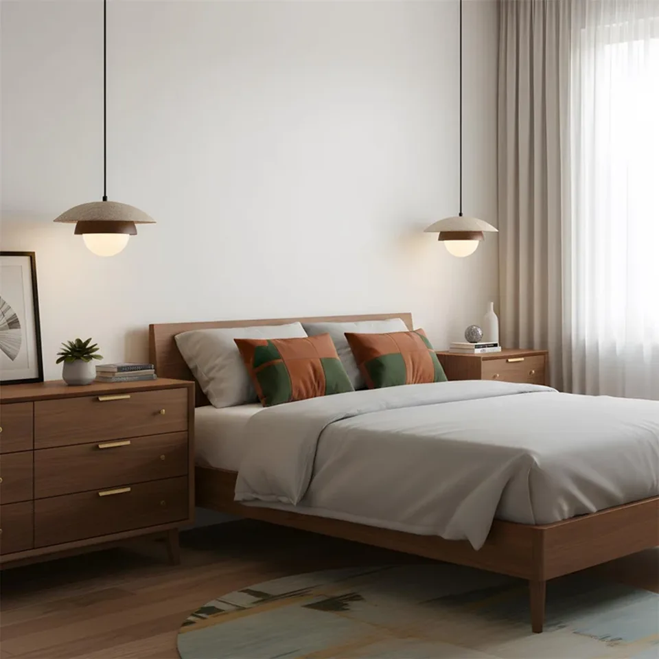 Travertine Saucer Pendant Light – Stone Disc, Rust Collar & Opal Globe, 25 cm | Jagmag Lights 6 Two travertine saucer pendant lights hanging as bedside lights over nightstands - Jagmag Lights