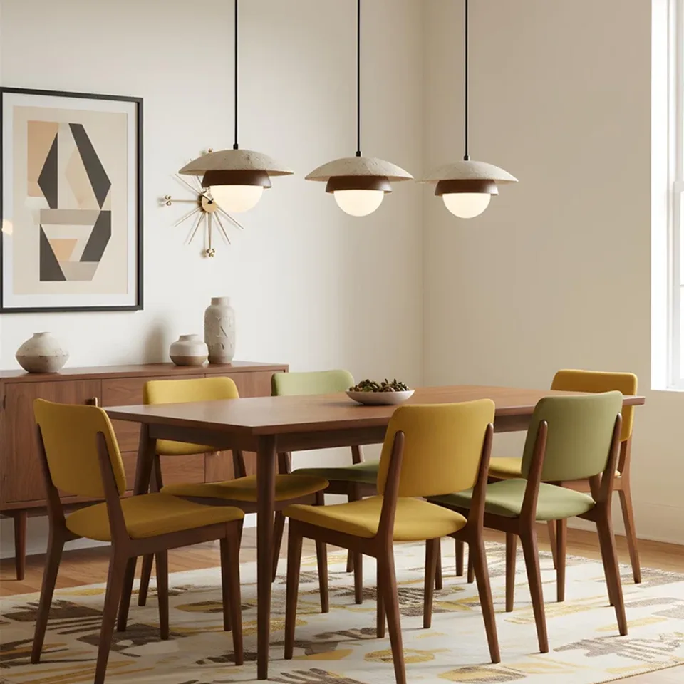 Travertine Saucer Pendant Light – Stone Disc, Rust Collar & Opal Globe, 25 cm | Jagmag Lights 7 Three travertine saucer pendant lights in a row above a walnut dining table - Jagmag Lights