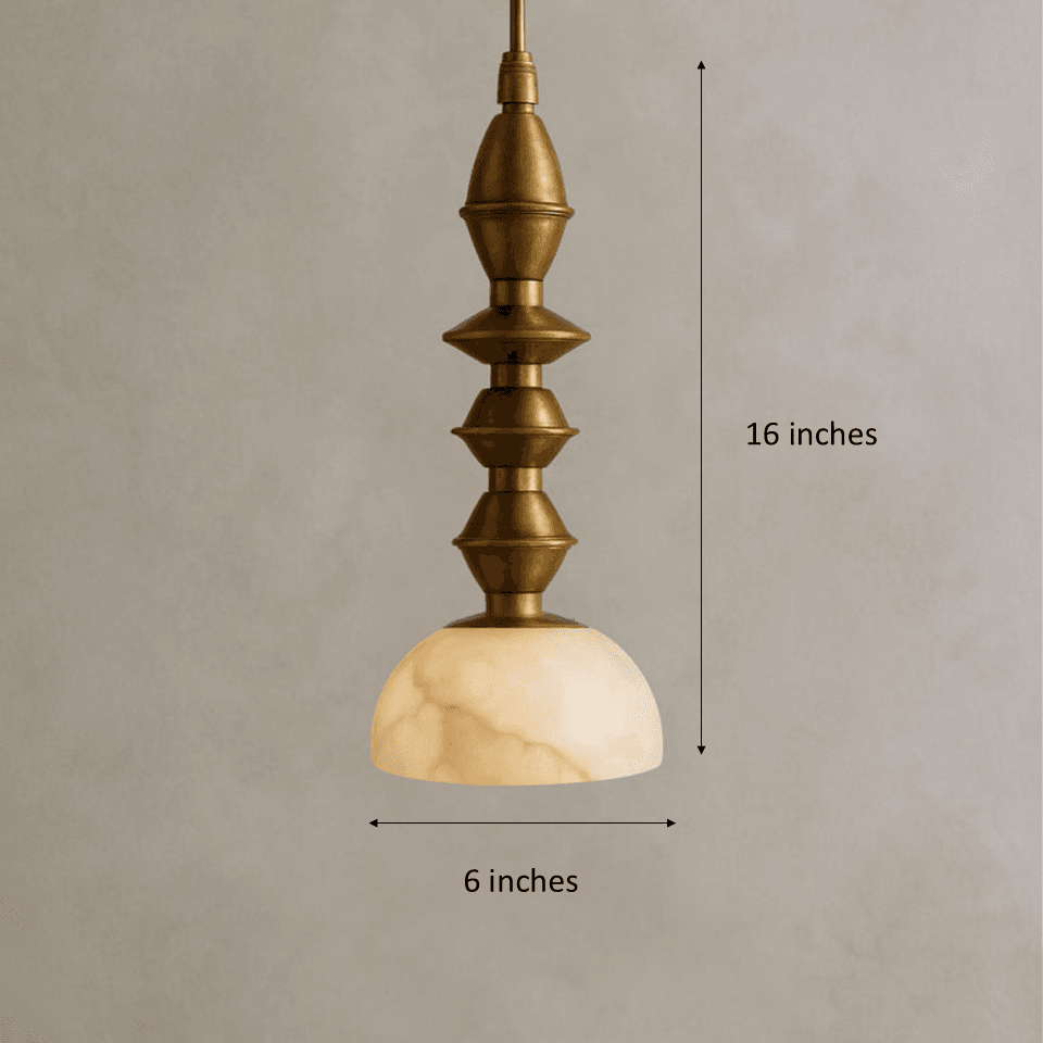 Turned Brass Pendant Light – 16″ Alabaster Dome | Jagmag Lights 5 Dimension drawing of the turned brass pendant light: 16 inches tall, 6 inch shade