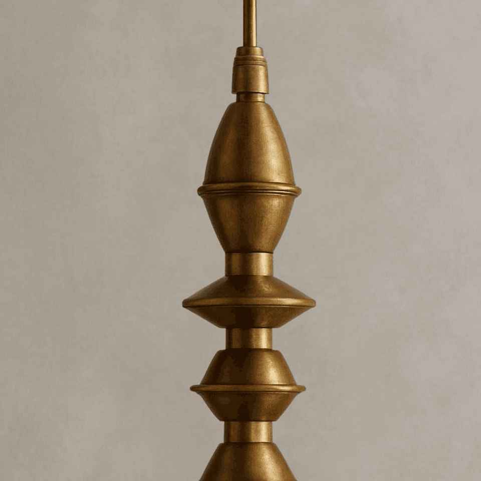 Turned Brass Pendant Light – 16″ Alabaster Dome | Jagmag Lights 4 Close-up of the lathe-turned brass sections showing each turned shoulder