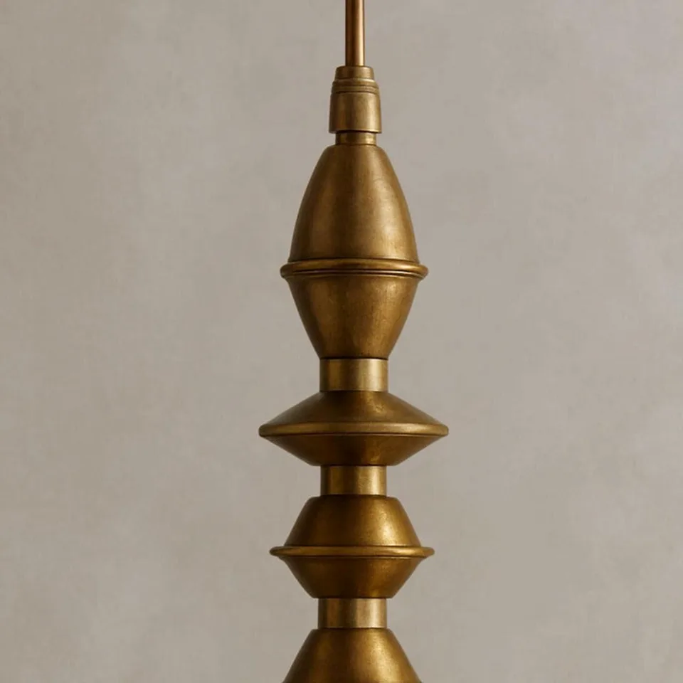 Turned Brass Pendant Light – 16″ Alabaster Dome | Jagmag Lights 4 Close-up of the lathe-turned brass sections showing each turned shoulder