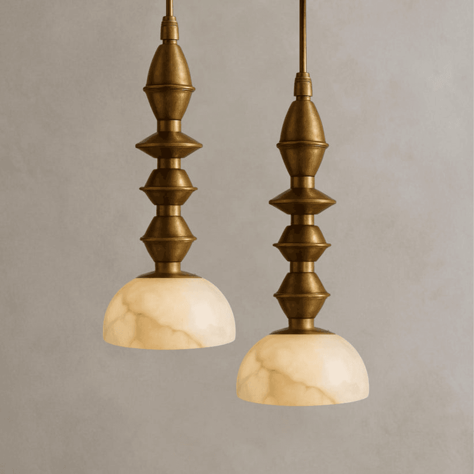 Turned Brass Pendant Light – 16″ Alabaster Dome | Jagmag Lights 3 Two turned brass pendant lights hung at staggered heights against plaster