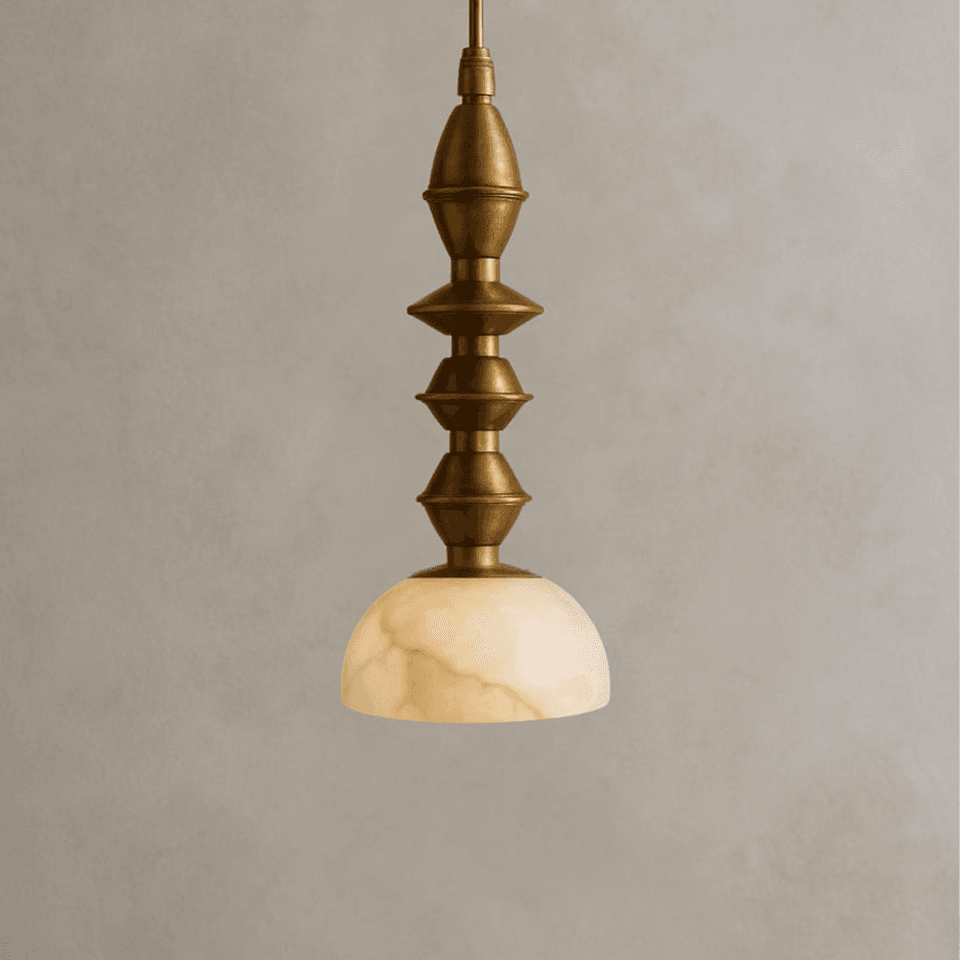 Turned Brass Pendant Light – 16″ Alabaster Dome | Jagmag Lights 2 Full view of the turned brass spindle tapering into the alabaster dome shade