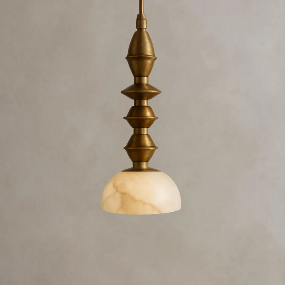 Turned Brass Pendant Light – 16″ Alabaster Dome | Jagmag Lights 2 Full view of the turned brass spindle tapering into the alabaster dome shade