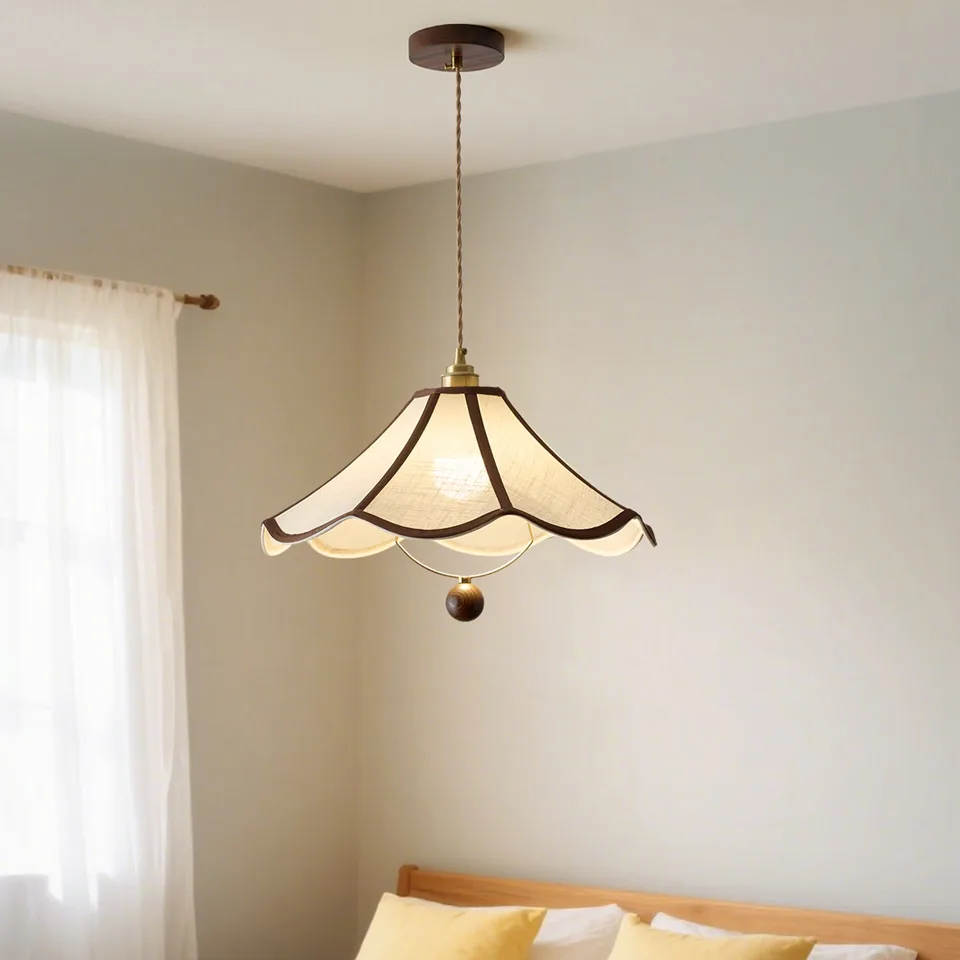 Umbrella Fabric Pendant Light – Wavy Shade, Brown Trim & Wood Ball Drop, 40 cm | Jagmag Lights 5 Umbrella fabric pendant light hanging above a bed with a wood ceiling canopy - Jagmag Lights