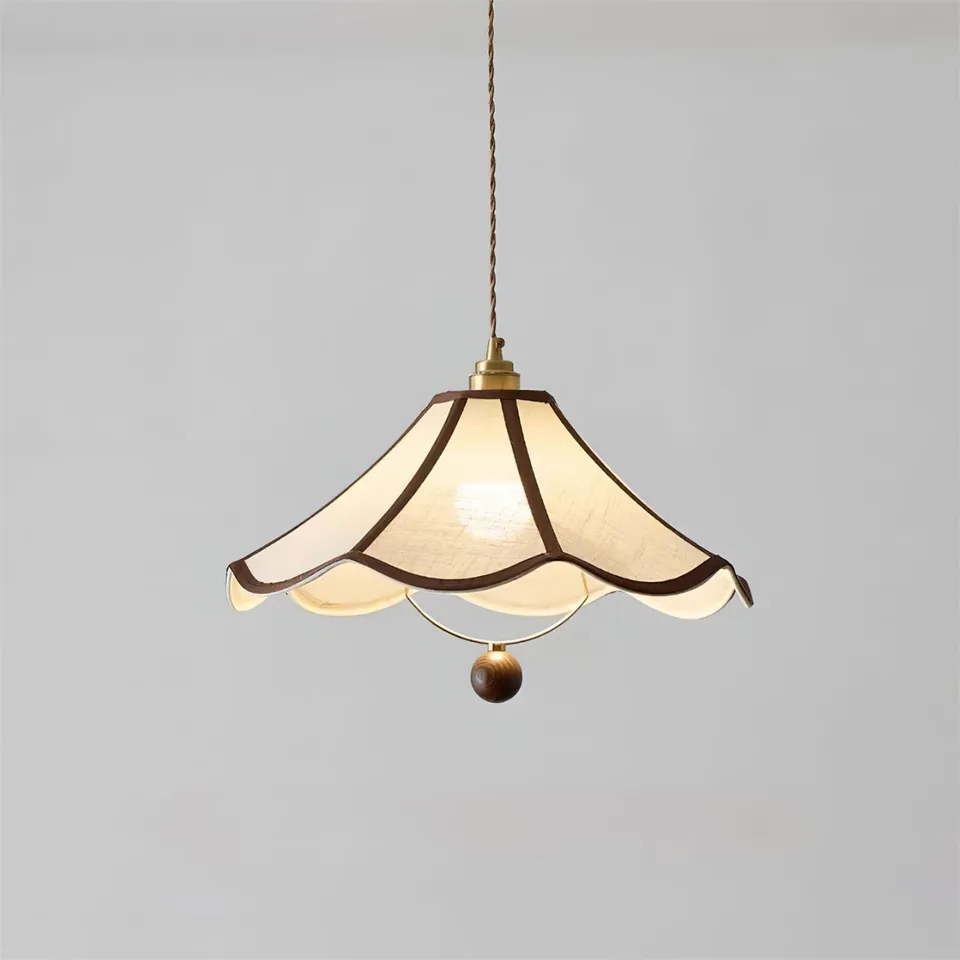 Umbrella Fabric Pendant Light – Wavy Shade, Brown Trim & Wood Ball Drop, 40 cm | Jagmag Lights 4 Detail of the brown binding, brass hoop and turned wood ball on an umbrella fabric pendant light - Jagmag Lights