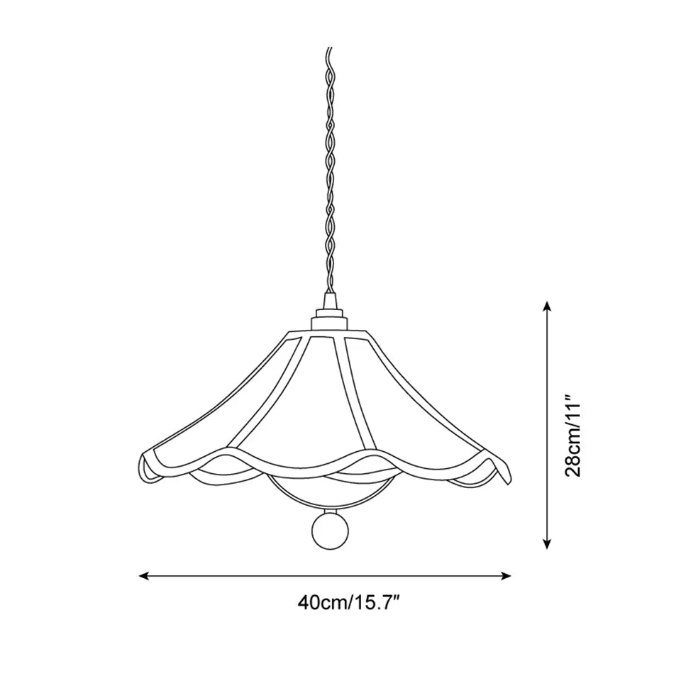 Umbrella Fabric Pendant Light – Wavy Shade, Brown Trim & Wood Ball Drop, 40 cm | Jagmag Lights 9 Dimension drawing: 40 cm diameter and 28 cm height umbrella fabric pendant light - Jagmag Lights
