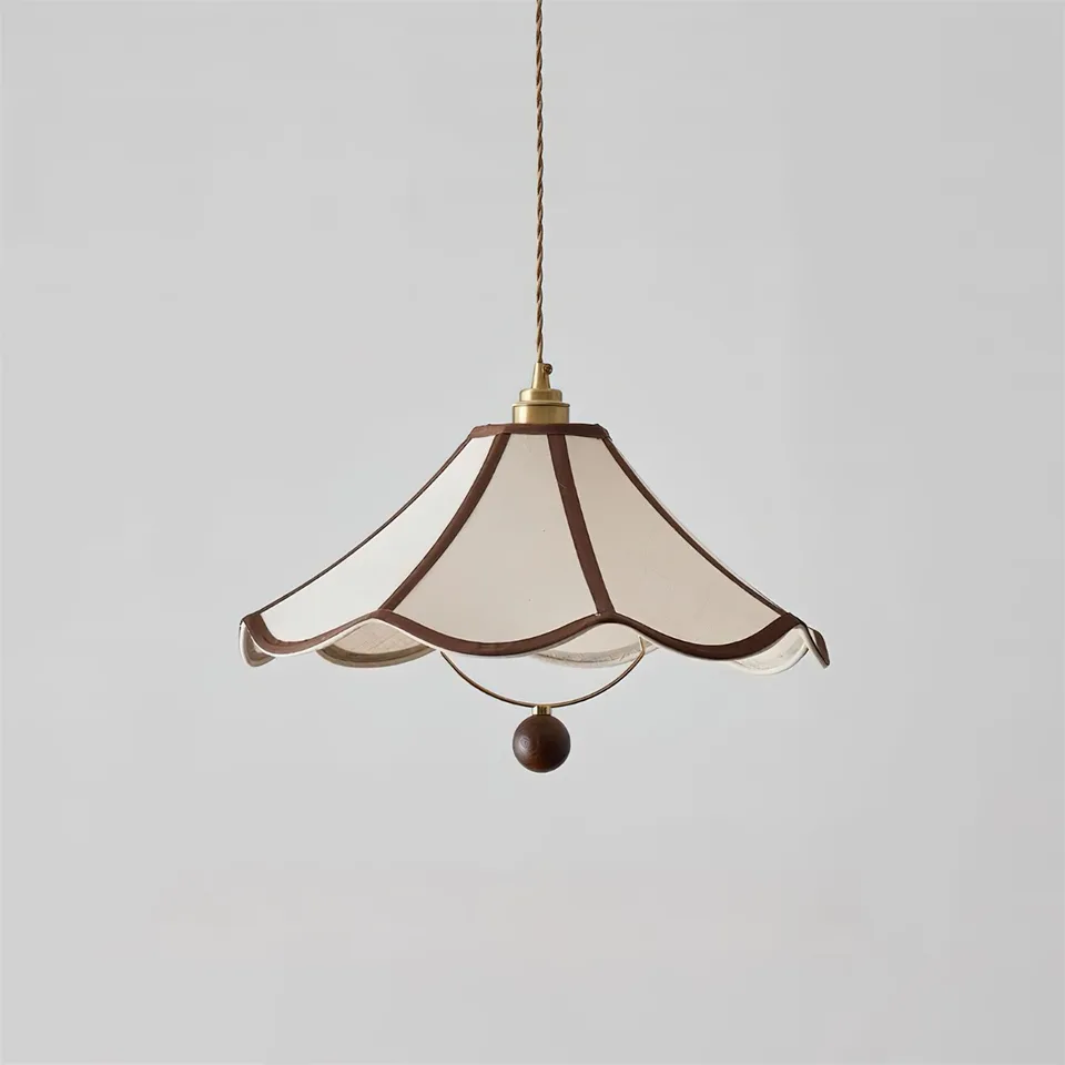 Umbrella Fabric Pendant Light – Wavy Shade, Brown Trim & Wood Ball Drop, 40 cm | Jagmag Lights 2 Front view of an umbrella fabric pendant light with brass holder and twisted cord - Jagmag Lights