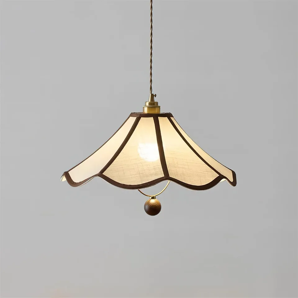 Umbrella Fabric Pendant Light – Wavy Shade, Brown Trim & Wood Ball Drop, 40 cm | Jagmag Lights 3 Umbrella fabric pendant light lit, glowing warm through the linen-look panels - Jagmag Lights