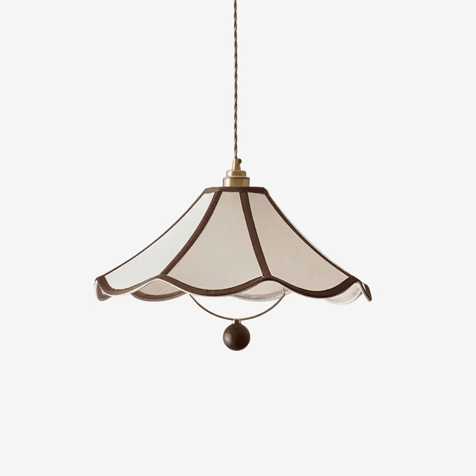 Umbrella fabric pendant light with wavy scalloped shade, brown trim and wood ball drop - Jagmag Lights