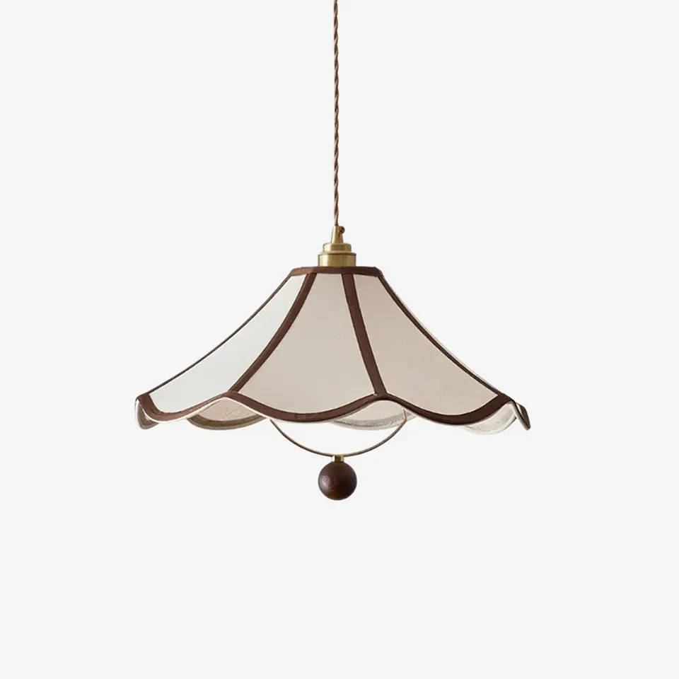 Umbrella fabric pendant light with wavy scalloped shade, brown trim and wood ball drop - Jagmag Lights