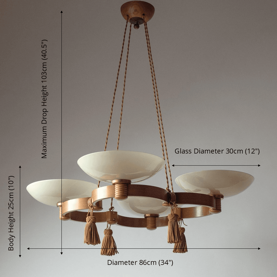 Wood and Glass Chandelier – 86 cm 4-Light Uplight with Tassels | Jagmag Lights 6 Dimension drawing of the wood and glass chandelier: 86 cm across, 25 cm body, 103 cm drop, 30 cm bowls