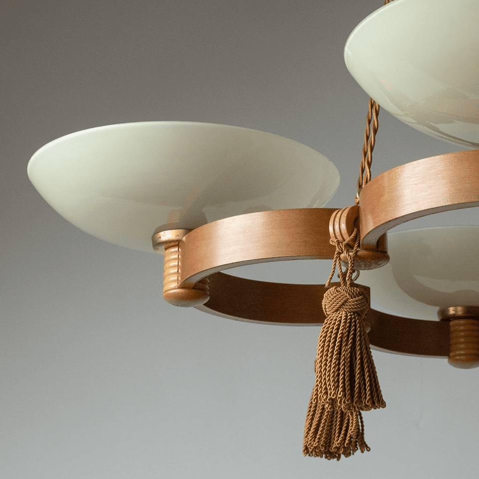 Wood and Glass Chandelier – 86 cm 4-Light Uplight with Tassels | Jagmag Lights 5 Close-up of an opal glass bowl on its turned wooden collar and brass ring