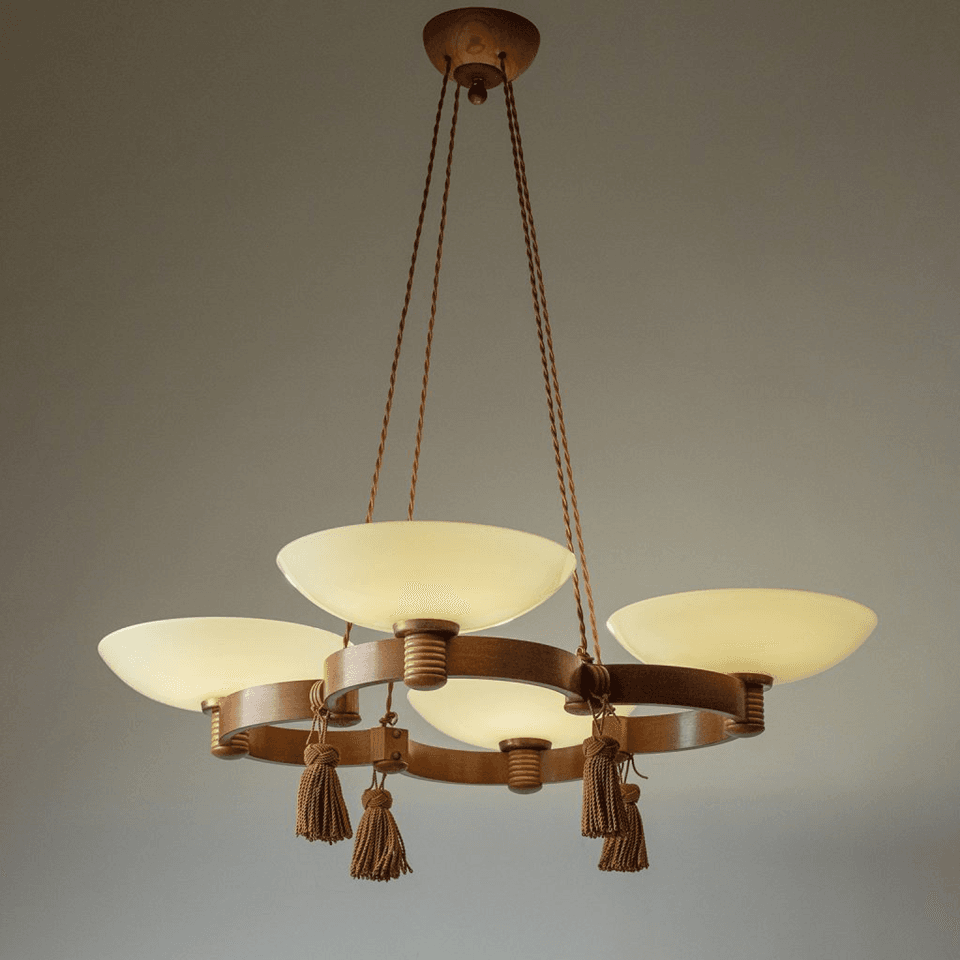 Wood and Glass Chandelier – 86 cm 4-Light Uplight with Tassels | Jagmag Lights 2 Wood and glass chandelier lit, full drop from its turned wooden ceiling rose
