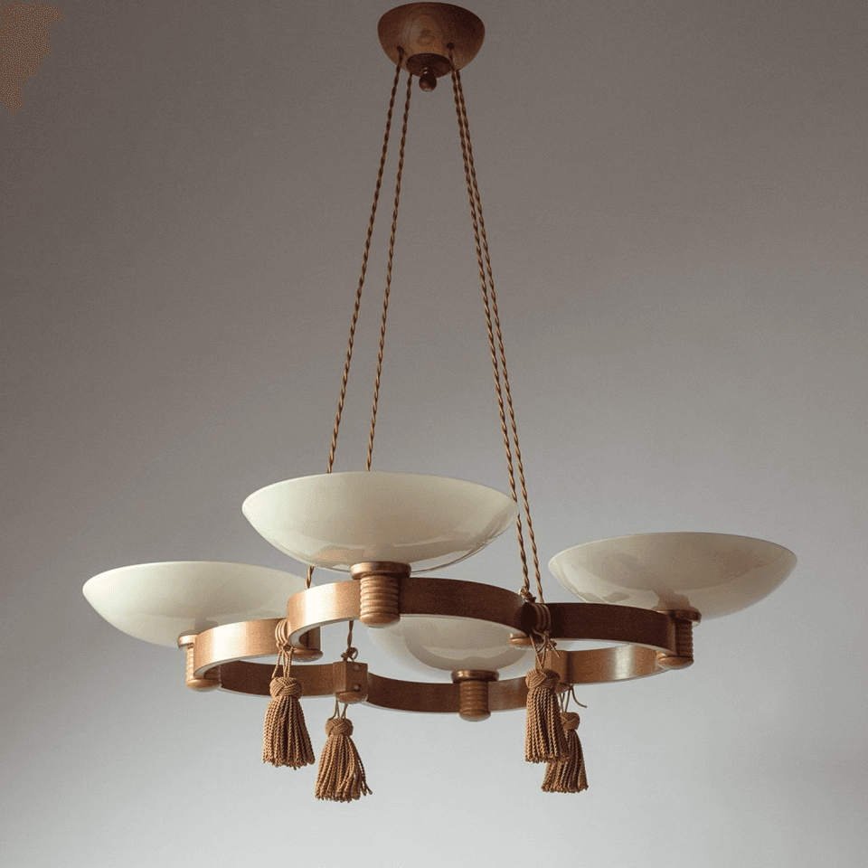 Wood and Glass Chandelier – 86 cm 4-Light Uplight with Tassels | Jagmag Lights 3 Wood and glass chandelier unlit, three-quarter view showing the offset wooden rings