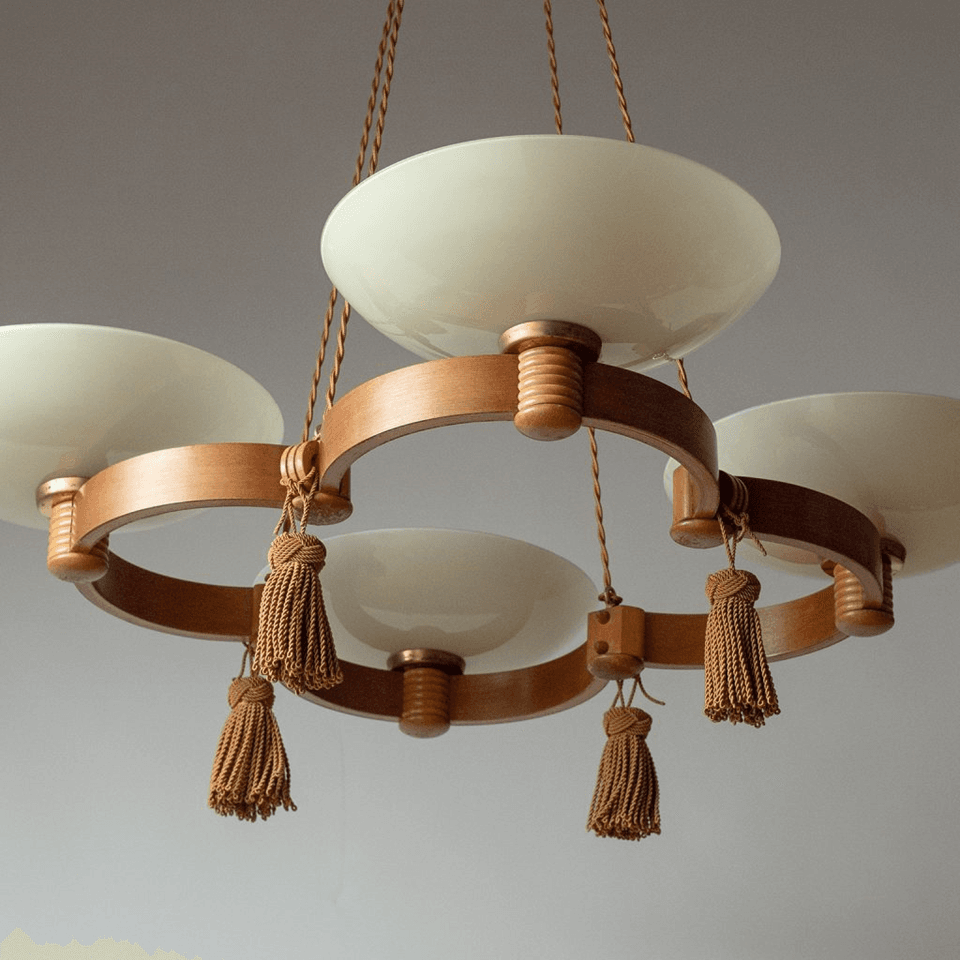 Wood and Glass Chandelier – 86 cm 4-Light Uplight with Tassels | Jagmag Lights 4 Double wooden ring frame with hand-knotted rope tassels at the joints
