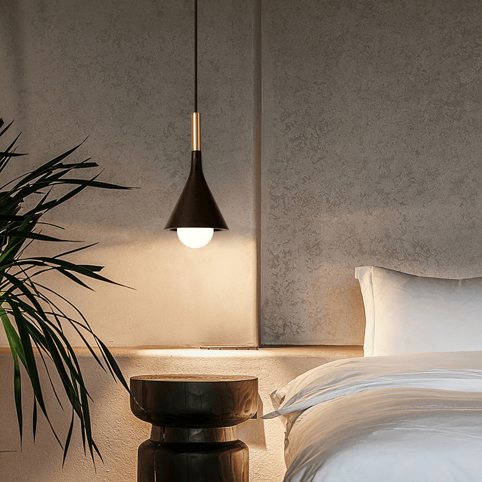 Wood Cone Pendant Light – Teak Shade, Brass Stem & Opal Glass Globe 10 Inch | Jagmag Lights 10 Wood cone pendant light lit as a bedside light in a minimalist bedroom - Jagmag Lights