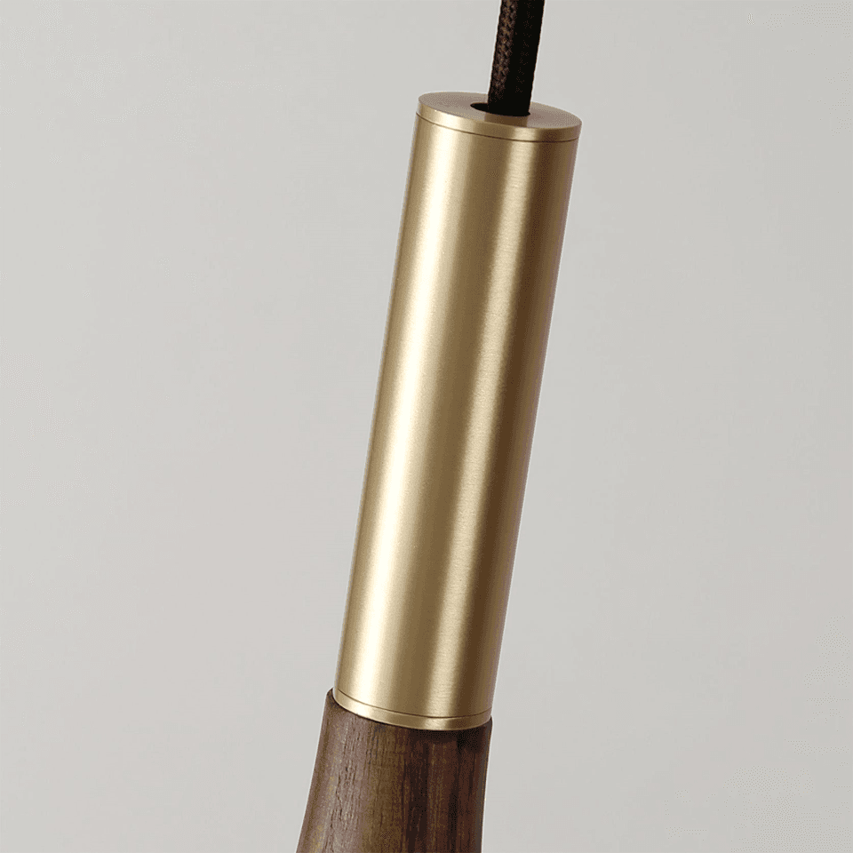 Wood Cone Pendant Light – Teak Shade, Brass Stem & Opal Glass Globe 10 Inch | Jagmag Lights 5 Close-up of the brushed brass stem on a wood cone pendant light - Jagmag Lights