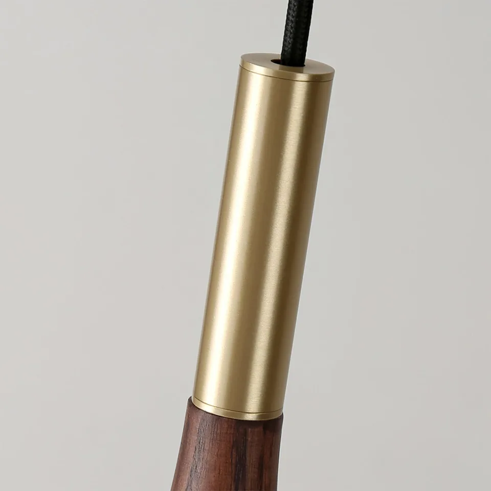 Wood Cone Pendant Light – Teak Shade, Brass Stem & Opal Glass Globe 10 Inch | Jagmag Lights 5 Close-up of the brushed brass stem on a wood cone pendant light - Jagmag Lights