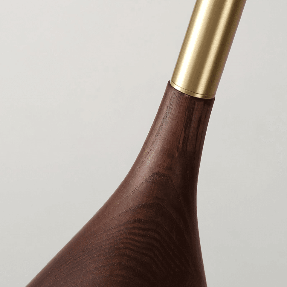 Wood Cone Pendant Light – Teak Shade, Brass Stem & Opal Glass Globe 10 Inch | Jagmag Lights 6 Detail of the brass stem meeting the wood shade on a cone pendant light - Jagmag Lights