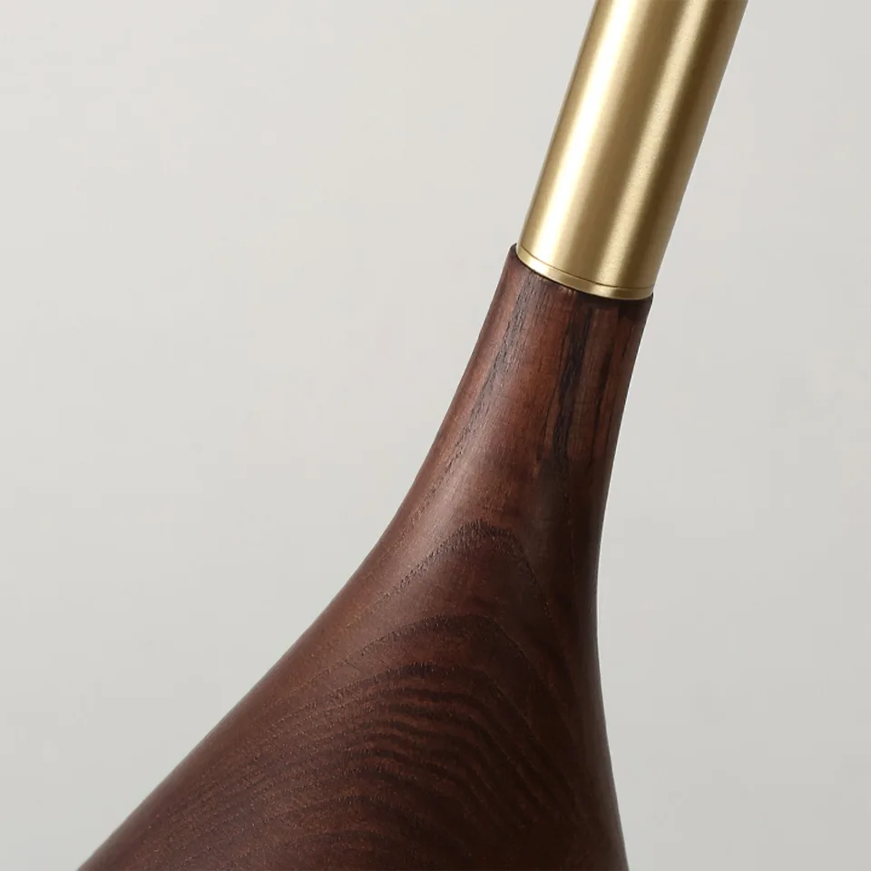 Wood Cone Pendant Light – Teak Shade, Brass Stem & Opal Glass Globe 10 Inch | Jagmag Lights 6 Detail of the brass stem meeting the wood shade on a cone pendant light - Jagmag Lights