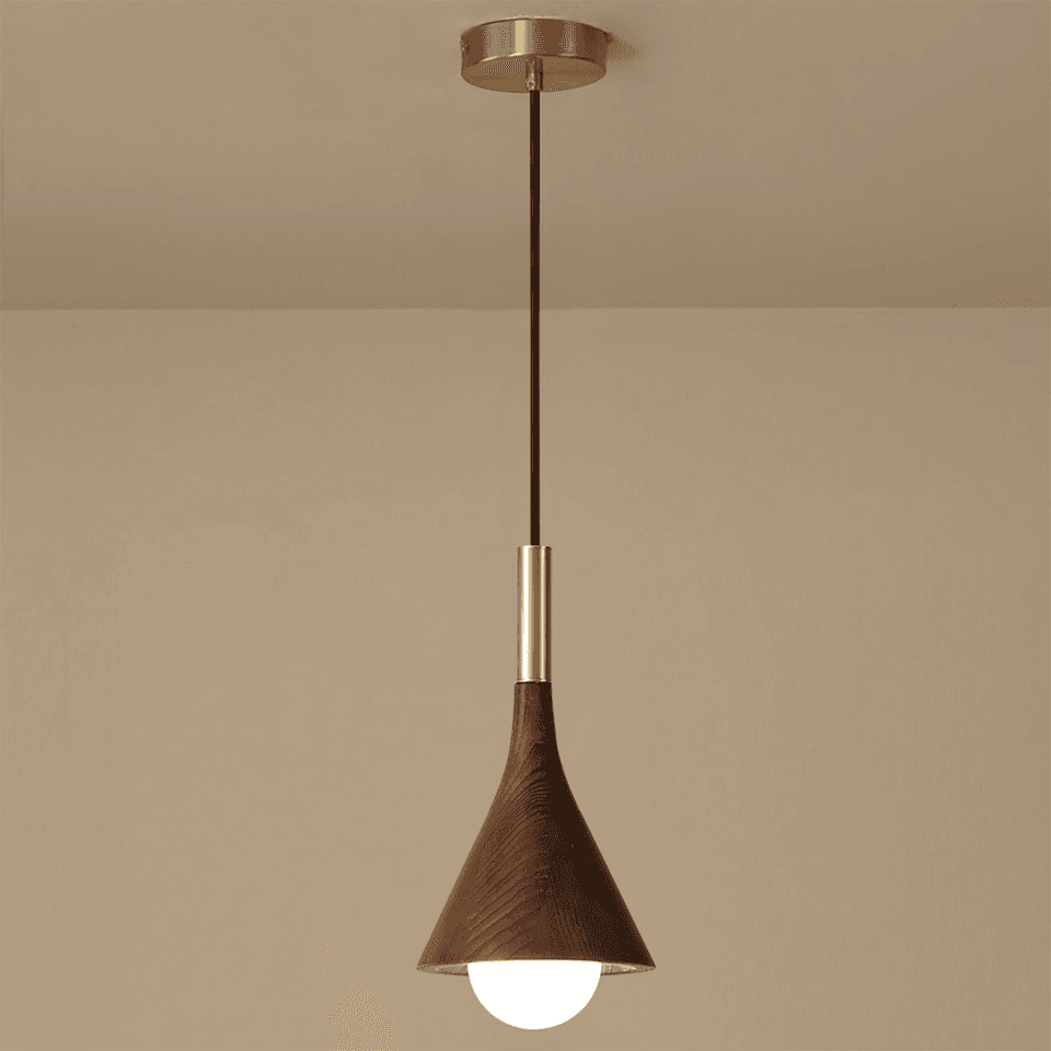 Wood Cone Pendant Light – Teak Shade, Brass Stem & Opal Glass Globe 10 Inch | Jagmag Lights 4 Wood cone pendant light hanging from a brass ceiling canopy - Jagmag Lights