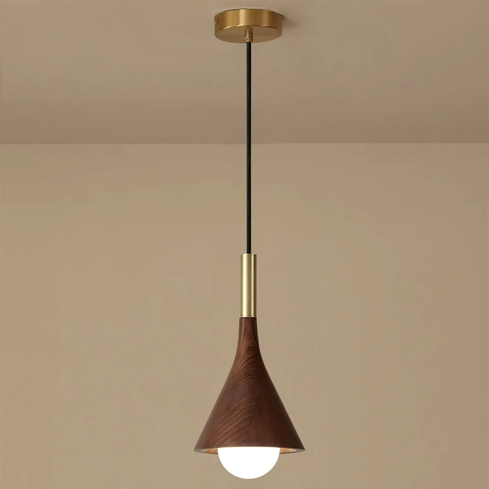 Wood Cone Pendant Light – Teak Shade, Brass Stem & Opal Glass Globe 10 Inch | Jagmag Lights 4 Wood cone pendant light hanging from a brass ceiling canopy - Jagmag Lights