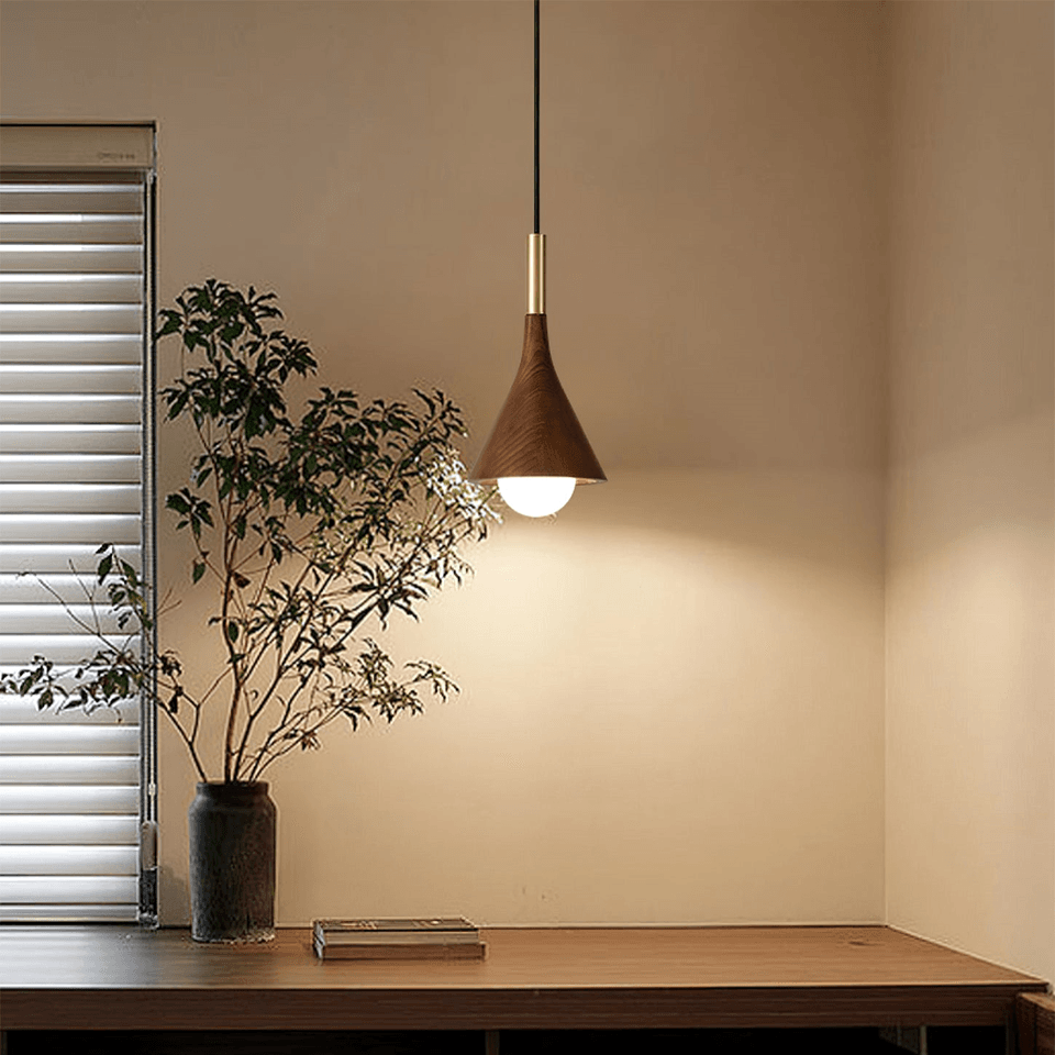 Wood Cone Pendant Light – Teak Shade, Brass Stem & Opal Glass Globe 10 Inch | Jagmag Lights 13 Wood cone pendant light glowing above a console table - Jagmag Lights