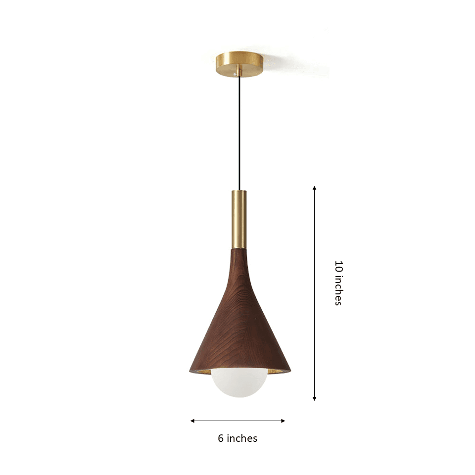 Wood Cone Pendant Light – Teak Shade, Brass Stem & Opal Glass Globe 10 Inch | Jagmag Lights 14 Dimension drawing: 10 inch tall and 6 inch wide wood cone pendant light - Jagmag Lights