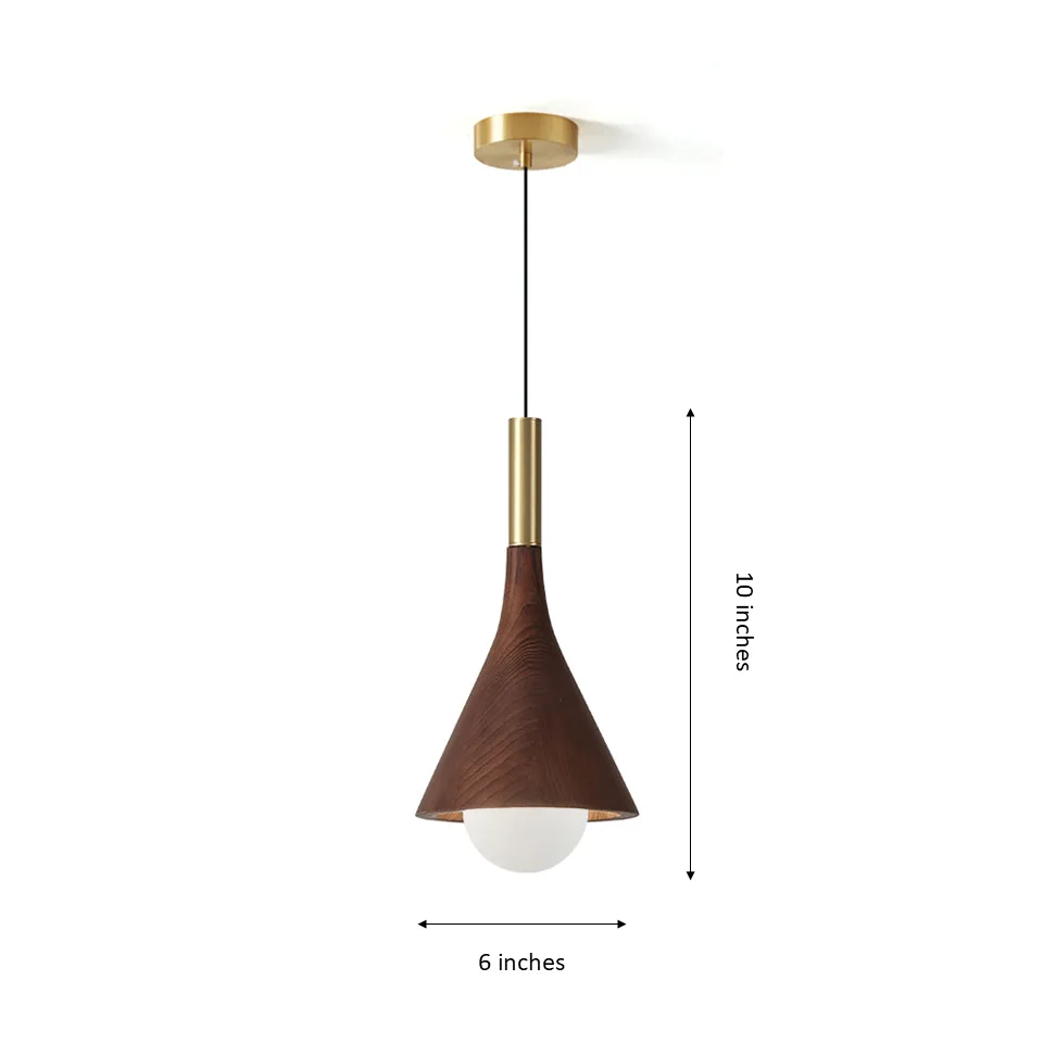 Wood Cone Pendant Light – Teak Shade, Brass Stem & Opal Glass Globe 10 Inch | Jagmag Lights 14 Dimension drawing: 10 inch tall and 6 inch wide wood cone pendant light - Jagmag Lights