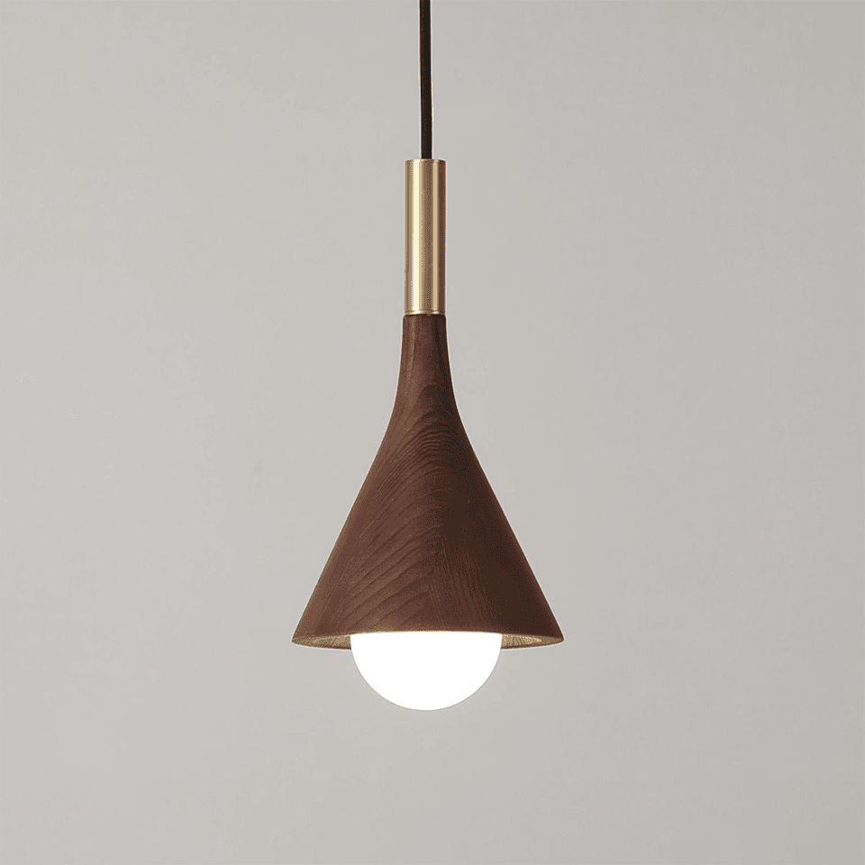 Wood Cone Pendant Light – Teak Shade, Brass Stem & Opal Glass Globe 10 Inch | Jagmag Lights 2 Front view of a wood cone pendant light with opal glass globe - Jagmag Lights