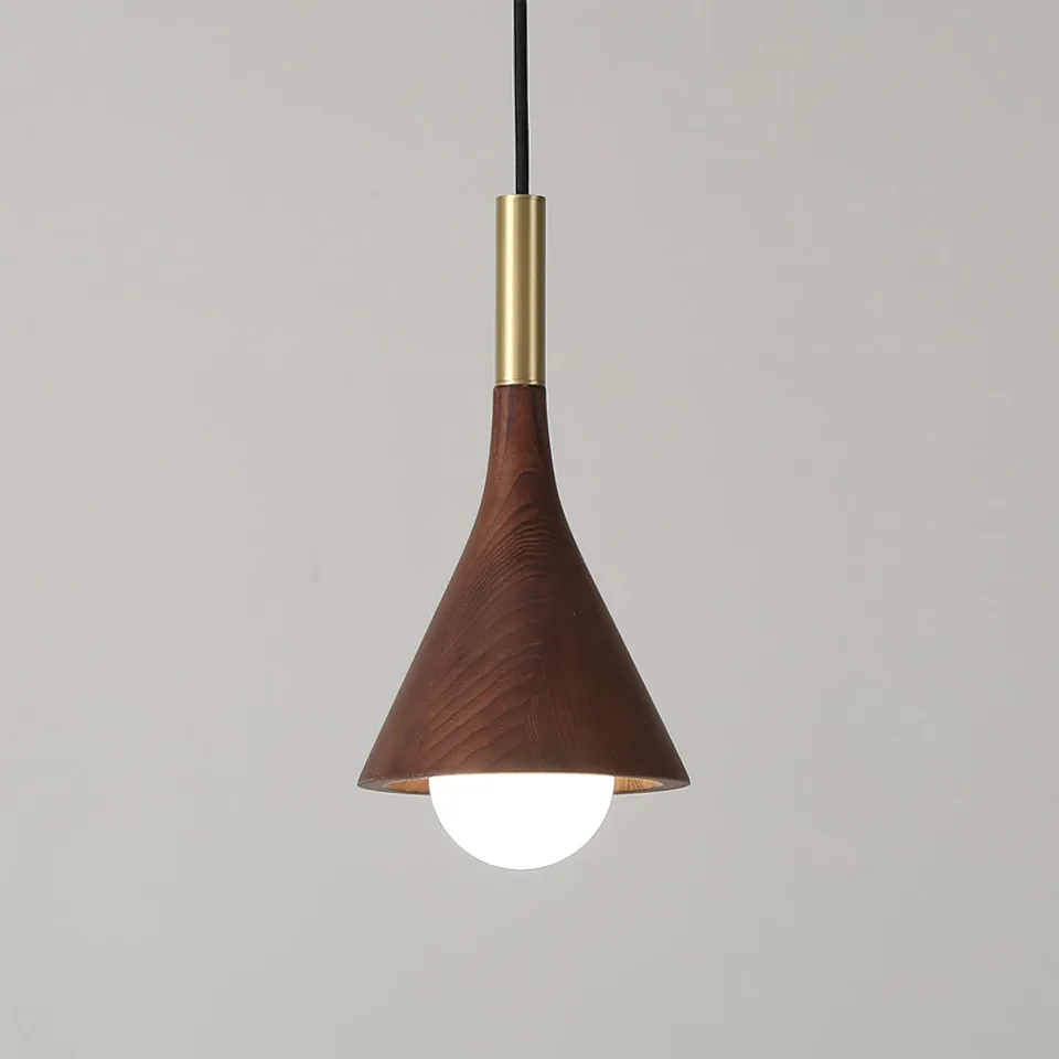 Wood Cone Pendant Light – Teak Shade, Brass Stem & Opal Glass Globe 10 Inch | Jagmag Lights 2 Front view of a wood cone pendant light with opal glass globe - Jagmag Lights