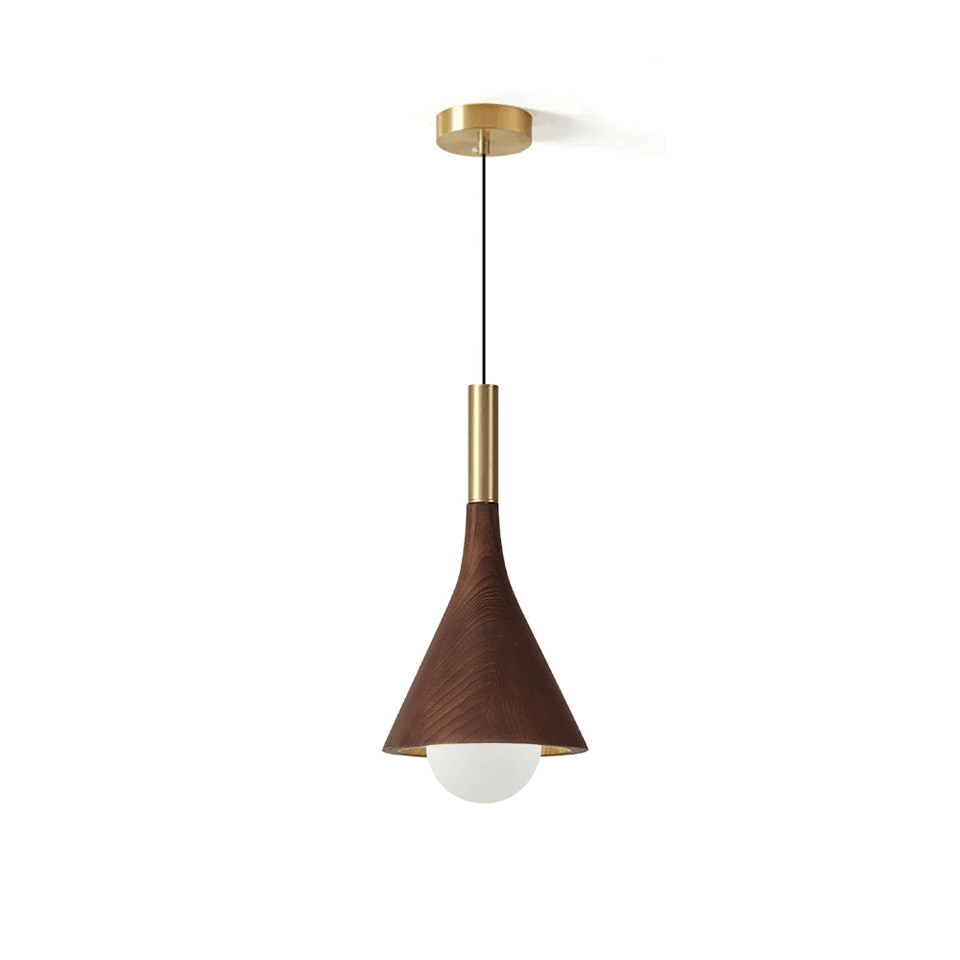 Wood Cone Pendant Light – Teak Shade, Brass Stem & Opal Glass Globe 10 Inch | Jagmag Lights 3 Full drop of a wood cone pendant light with brass canopy and cord - Jagmag Lights