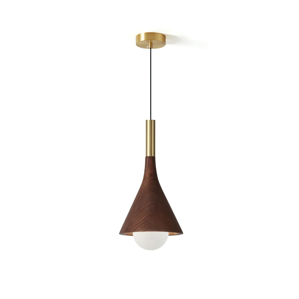 Wood Cone Pendant Light – Teak Shade, Brass Stem & Opal Glass Globe 10 Inch | Jagmag Lights 3 Full drop of a wood cone pendant light with brass canopy and cord - Jagmag Lights