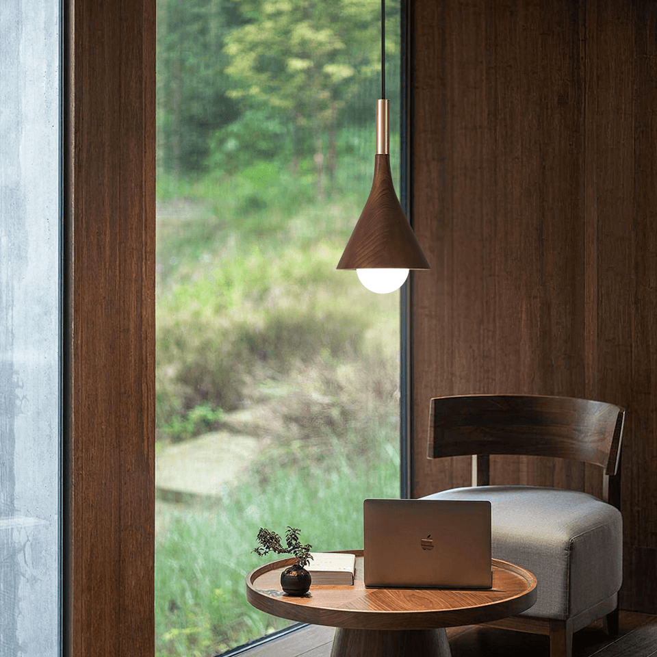 Wood Cone Pendant Light – Teak Shade, Brass Stem & Opal Glass Globe 10 Inch | Jagmag Lights 11 Wood cone pendant light above a round study table by a window - Jagmag Lights