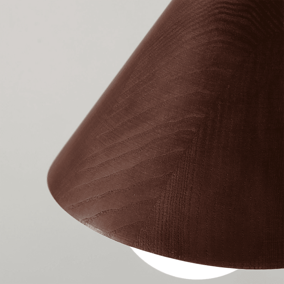 Wood Cone Pendant Light – Teak Shade, Brass Stem & Opal Glass Globe 10 Inch | Jagmag Lights 7 Close-up of the natural wood grain on a wood cone pendant light shade - Jagmag Lights