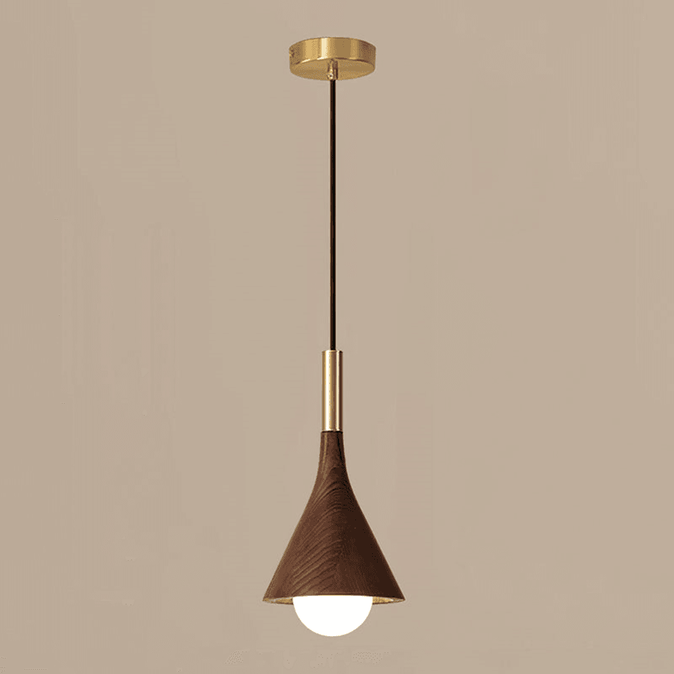 Wood cone pendant light with brass stem and opal glass globe - Jagmag Lights